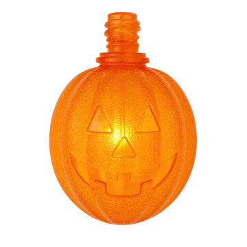 Bright orange plastic Halloween pumpkin lantern with a carved jack-o'-lantern face, glowing softly against a clean white background
