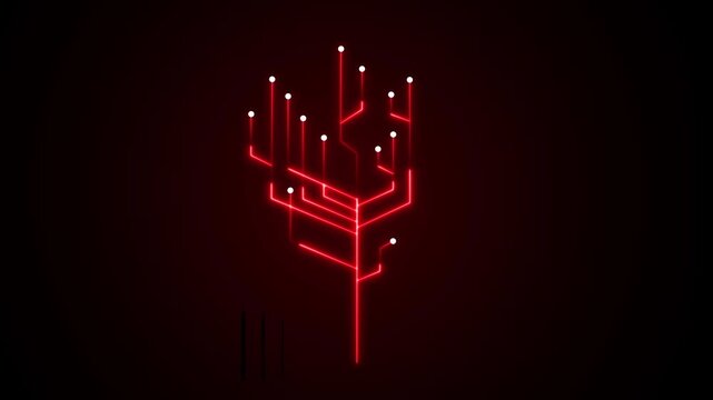 Abstract Red neon lines branching network structure on black background futuristic technology concept glowing