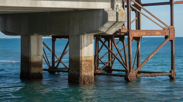 A sturdy concrete and rusted metal pier foundation standing in the deep blue ocean water under a bright clear sky on a sunny summer afternoon