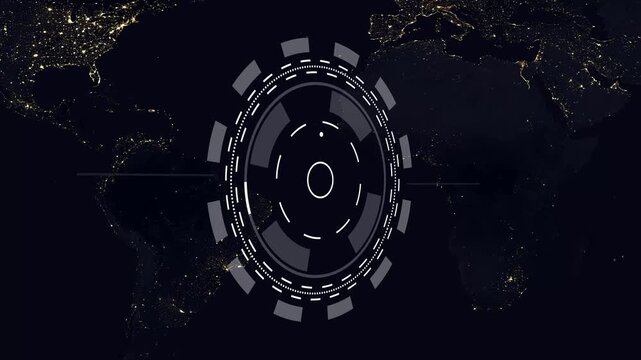 futuristic holographic UI with defocused left interface and sharp right circular HUDs, glowing lines, rotating cursors, and updating digits as the camera sweeps from left to center