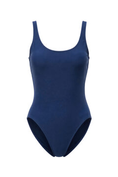 Simple dark blue one-piece swimsuit with thick straps and a scoop neck, photographed on a white background