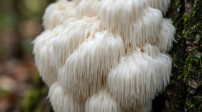 Close up of lion's mane mushroom growing on a tree trunk in the forest with pom mushroom wildlife medicinal hericium erinaceus parasite organism