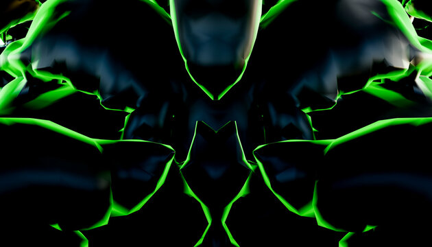 Abstract symmetrical 3d rendering with glowing green edges on Black