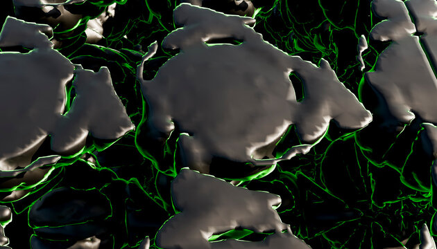 Dark abstract shapes with glowing green edges in digital 3d art