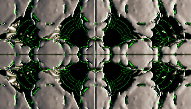 Abstract digital symmetrical pattern with green outlined shapes
