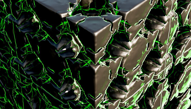 Stacked Black cubes with green glowing edges