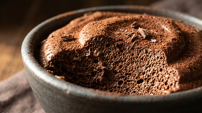 Rich homemade chocolate mousse served in a dark ceramic bowl on rustic wood with chocolate homemade delicious texturized indulgence catering restaurant
