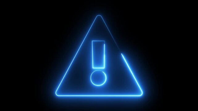 Neon warning attention sign icon animation glowing blue color danger error alert risk stop sign emergency sign icon sign symbol on black background