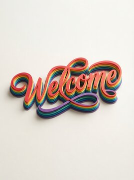 A layered 3d paper cutout of the word welcome in vibrant rainbow colors, featuring a stylized cursive script font isolated on white background