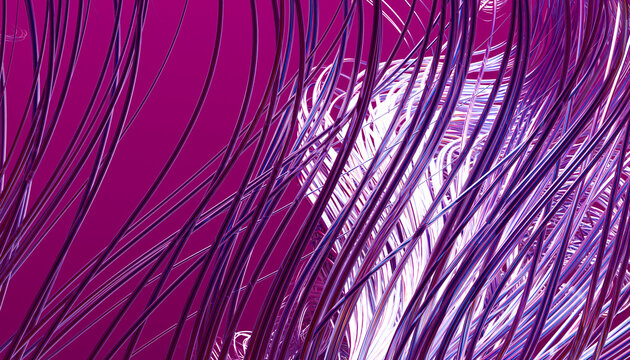 Abstract shiny metallic curved wires on purple background