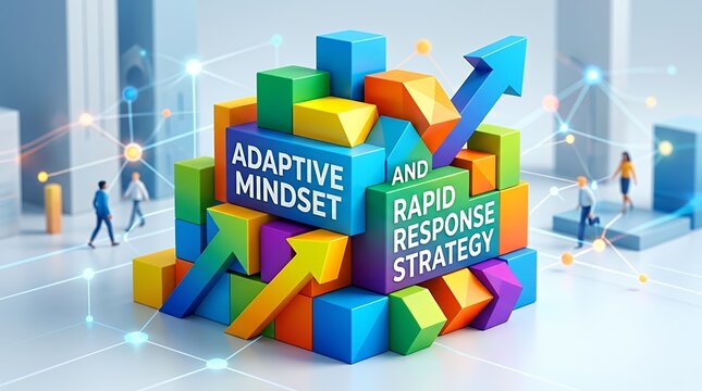 ADAPTIVE MINDSET AND RAPID RESPONSE STRATEGY Colorful geometric blocks featuring the message ADAPTIVE MINDSET AND RAPID RESPONSE STRATEGY. Visual metaphor for organizational resilience dynamic