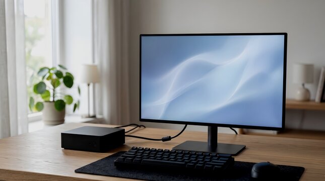 Desktop computer monitor, mini PC, and keyboard on wooden desk