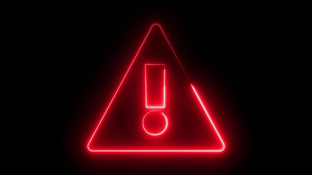 Neon warning attention sign icon animation glowing red color danger error alert risk stop sign emergency sign icon sign symbol on black background