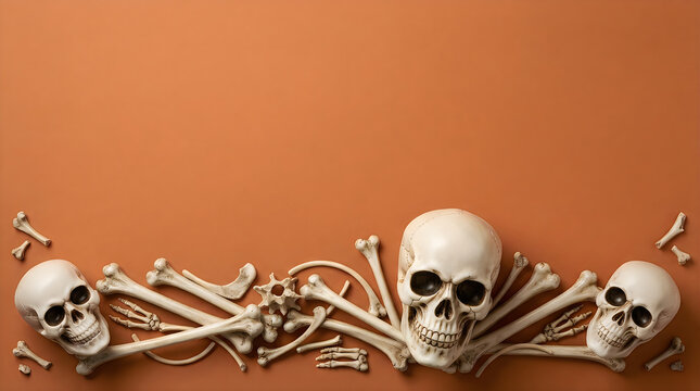 Skull bones arranged in a decorative pattern on an orange surface