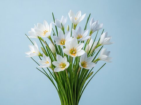 A beautiful bouquet of white rain lilies, zephyranthes candida, with green stems arranged against a soft, solid light blue background