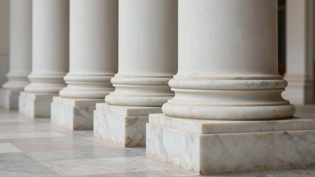 White marble pillars in a classical Greek and Roman architectural colonnade interior