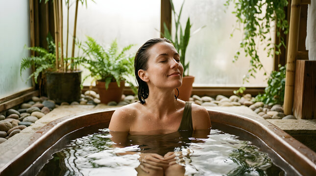 Relaxing Woman Enjoying Spa Bath in Indoor Garden Setting