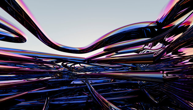 Abstract digital artwork with twisting reflective colorful shapes