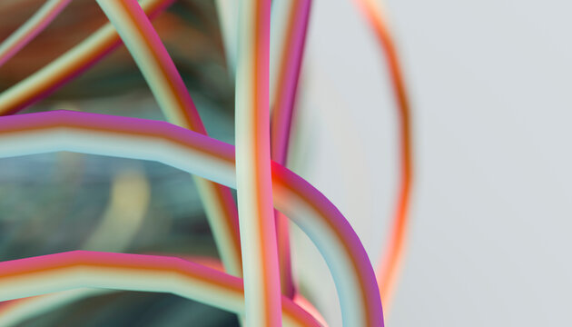 Abstract composition of colorful curved tubular shapes with neon glow