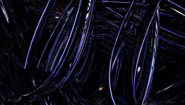 Close-up of tangled Black wires with glossy surfaces on a dark