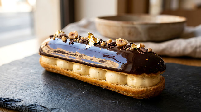 Delicious chocolate glazed eclair pastry filled with vanilla cream and garnished with nuts chocolate delicious confectionery lighting appetizing
