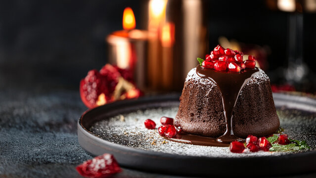 Molten chocolate lava cake with oozing chocolate and blurred restaurant background banner.