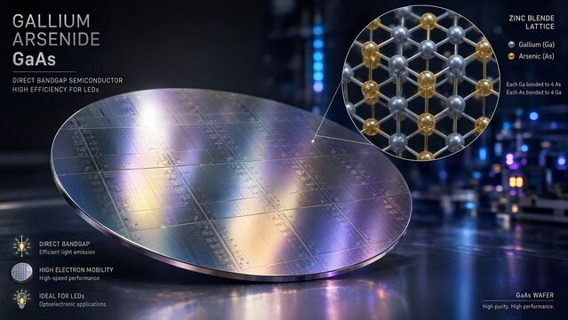 Polished gallium arsenide gaas semiconductor wafer with a microscopic zoomed inset displaying gallium and arsenic atoms arranged in a precise zinc blende crystal lattice