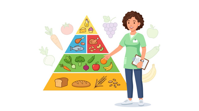 Nutritionist Explaining Food Pyramid with Healthy Food Choices, Fruits, Vegetables, Proteins, Grains, and Dairy