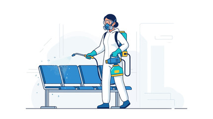 Fototapeta premium Person in Hazmat Suit Disinfecting Public Seating Area with Sprayer