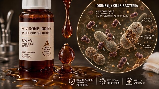 Brown iodine antiseptic solution in a medical dropper bottle with a scientific zoomed inset showing iodine molecules destroying and killing harmful bacteria cells
