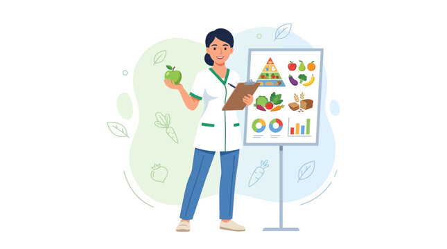 Nutritionist with Food Pyramid and Healthy Eating Chart, Vector Illustration