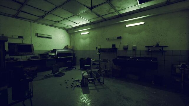 Moody maintenance bay under green light, empty workstations and stacked racks, chairs toppled, cables coiled on concrete floor, reflective puddles, postshift
