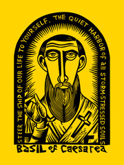 Naklejka premium Linocut style graphic illustration of Saint Basil of Caesarea with a religious quote.