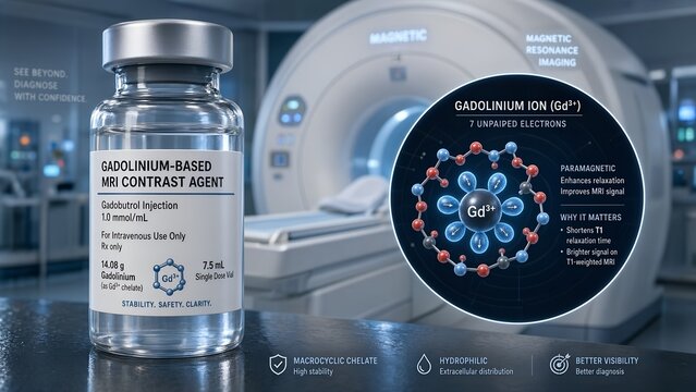 Clinical mri contrast agent vial with a microscopic scientific inset revealing gadolinium ions gd3+ featuring multiple unpaired electrons for enhanced imaging