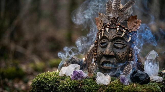 A ceremonial shamanic mask adorned with feathers, teeth, and leaves rests on a mossy forest stump surrounded by glowing quartz and amethyst crystals amid swirling magical smoke