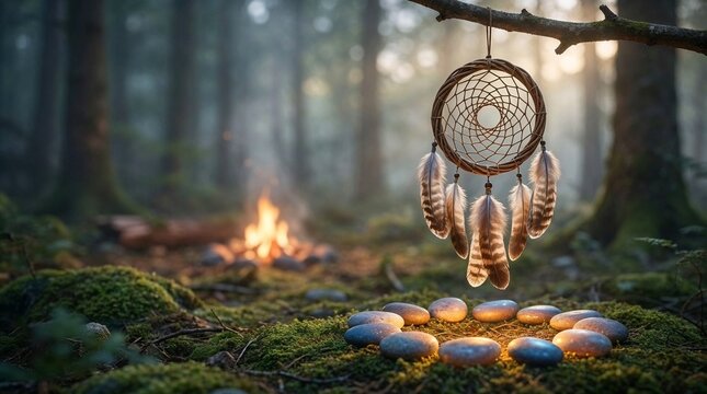 Dreamcatcher with feathers hangs from a mossy tree branch above a ring of glowing ritual stones in a misty forest. Ideal for spiritual wellness blogs, meditation content, and bohemian home decor.