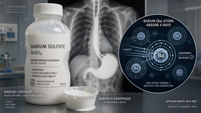 Clinical barium swallow contrast medium bottle accompanied by a microscopic visualization of barium atoms blocking x-rays during gastrointestinal exams