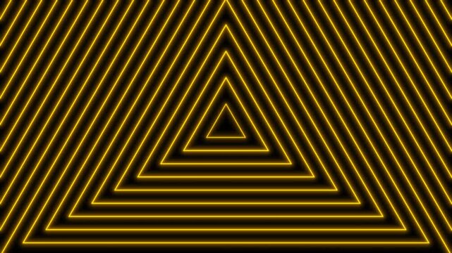 Glowing yellow neon triangle tunnel animation creating a futuristic geometric loop on a dark background.
