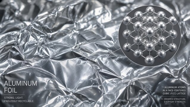 Shiny aluminum foil roll in a kitchen setting with a scientific macro inset illustrating aluminum atoms neatly arranged in a face-centered cubic crystal lattice