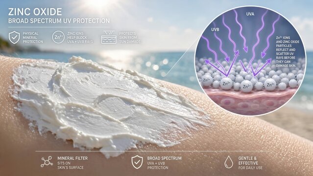 Mineral sunscreen lotion bottle with a scientific macro inset illustrating zinc oxide particles and zinc ions (zn2+) reflecting and blocking ultraviolet sun rays