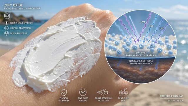 Closeup of protective sunscreen cream with a zoomed microscopic animation showing zinc ions (zn2+) creating a physical barrier against harmful uv radiation
