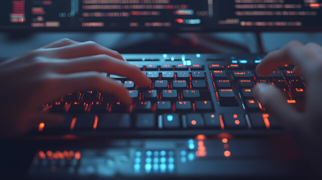 Hands typing on a mechanical keyboard, showing technology, productivity, and digital work.