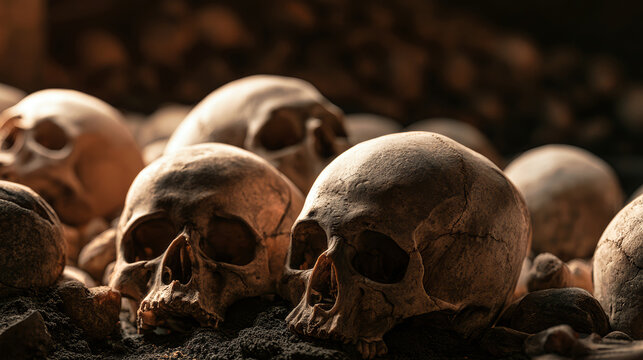 Skulls are scattered on the ground in a dim area. The scene captures the essence of Halloween with a focus on the skulls used for decoration
