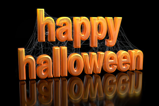 The design shows the words Happy Halloween in large orange letters. A spider web is present in the background, setting a spooky mood