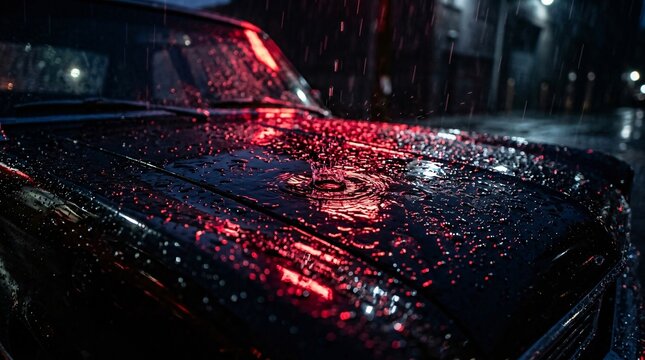 Raindrops splashing on vintage car hood at night, glowing red light reflections, moody autumn storm, first day of fall weather.