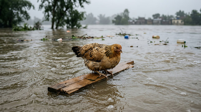 Chicken floats on debris during devastating floodwaters.