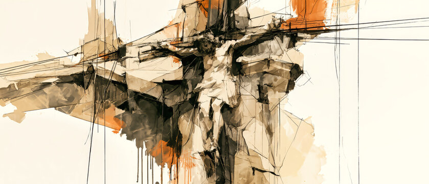 Jesus on the cross in a city setting, focusing on the figure and the cross in a unique design style