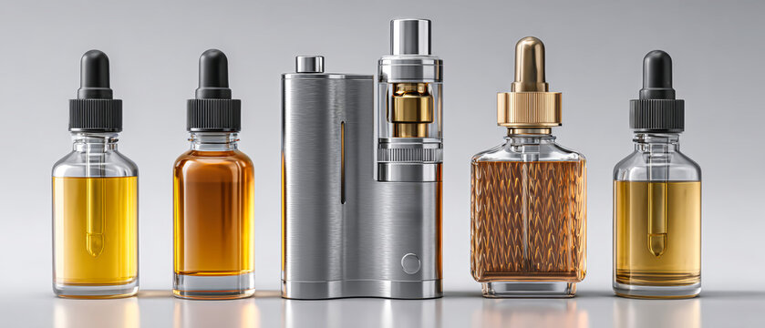 Various vaping devices and e-liquid bottles are arranged on a plain background. The items include different sizes and colors, presenting a vaping setup