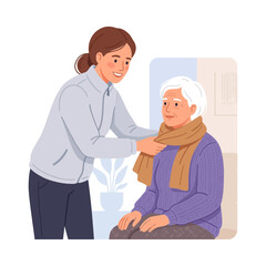 Fototapeta premium Caring young woman helps elderly person wrap a scarf, illustration of kindness and support