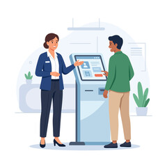 Fototapeta premium Customer Service Representative Assists Man Using Interactive Kiosk